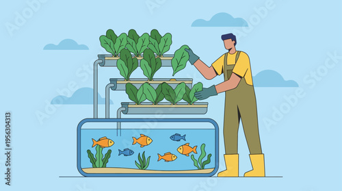 Aquaponics System Man Cultivating Greens with Fish