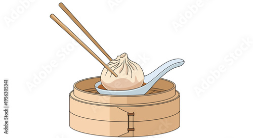 Chinese Dim Sum in Bamboo Steamer Baskets Flat Illustration