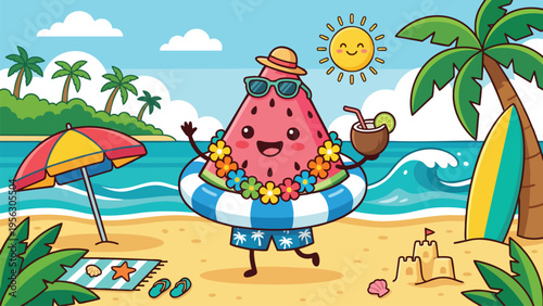 Cheerful Watermelon Character Enjoying a Tropical Beach Vacation with Cocktail and Sunglasses