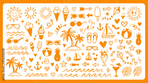 Summer Icons. Contains such icons as Beach, Cruise, Diving, Drink, Grill, Ice Cream, Palm Tree, Surfing, Tropical, Vacation, Trip. stock illustration