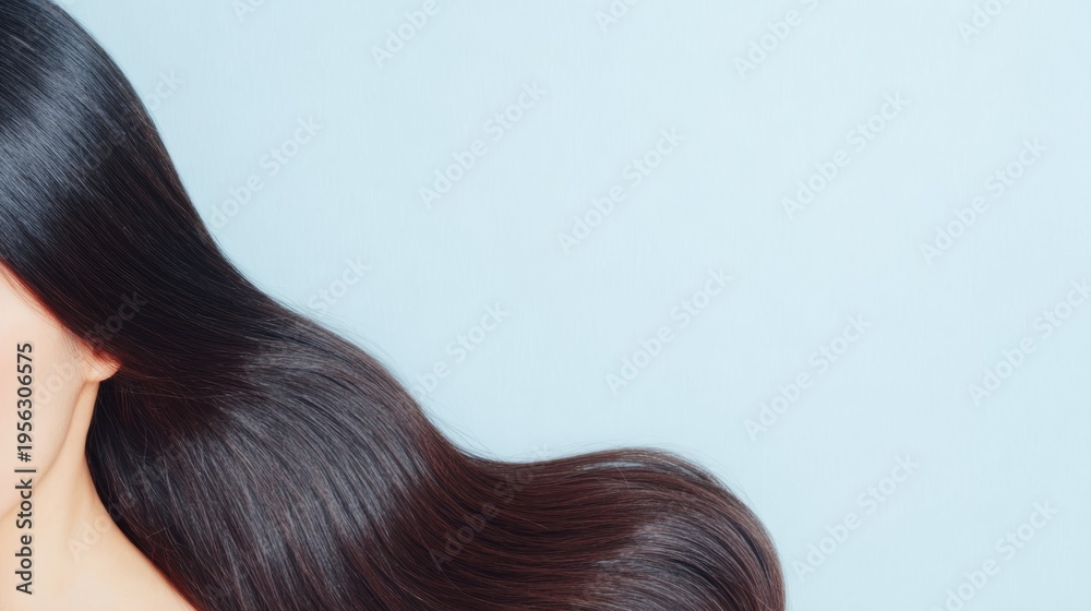 Fototapeta premium Sleek shiny black hair against minimal blue background
