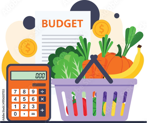 Budgeting for groceries a smart financial planning approach with a calculator, shopping basket filled with fresh produce, and coins symbolizing savings and financial success