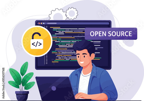 Open Source Development Concept with Programmer Working on Laptop and Coding on Screen with Open Lock Icon