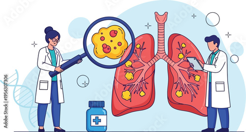 Medical professionals examining lungs with magnifying glass, analyzing potential disease or abnormalities within the respiratory system