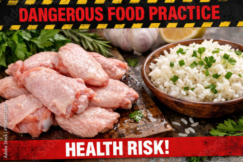 Dangerous food practice and health risk from raw chicken next to cooked rice. Unsafe preparation showing potential for foodborne illness from cross contamination