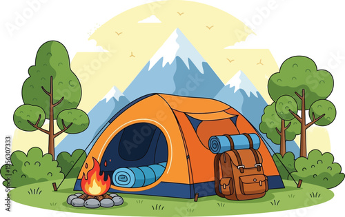 Vivid illustration of an orange tent with a rolled sleeping bag inside, campfire burning brightly, and a backpack set up for an outdoor adventure in a mountainous landscape during daytime