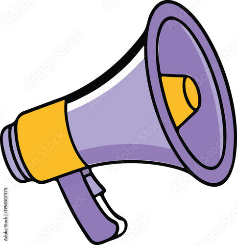 A cartoon illustration of a purple megaphone with a yellow band and handle, used for amplifying sound and making announcements.