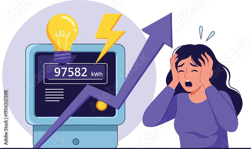 Shocking Electricity Bill Cartoon Illustration of Rising Energy Costs and a Scared Person Experiencing Financial Strain