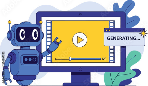AI robot assisting with the generation of video content on a computer screen, showing playback controls and a generating progress bar