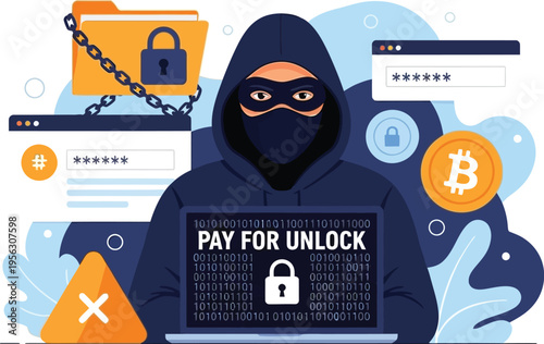 hacker in a mask with laptop, binary code, cybersecurity threat, digital security concept, online protection, computer crime