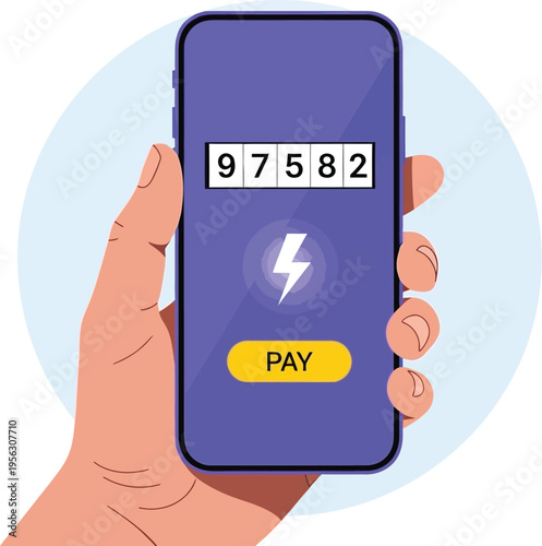 Hand holding smartphone with electric payment app displaying a meter reading and a 'pay' button with a lightning bolt symbol