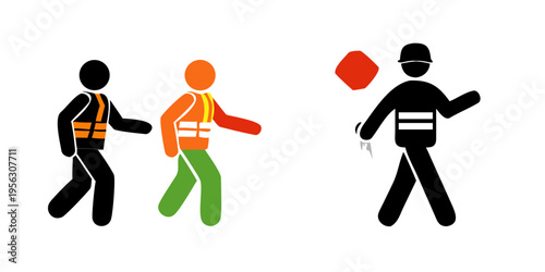Crossing guards and pedestrians in safety vests on a plain background
