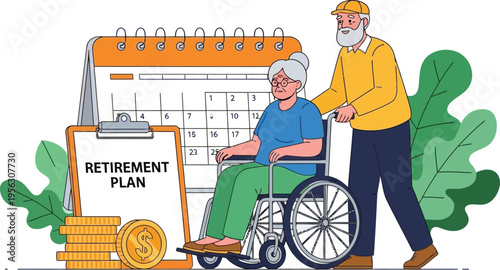 Senior couple planning retirement and finances with calendar and coins, illustrating financial security and future planning