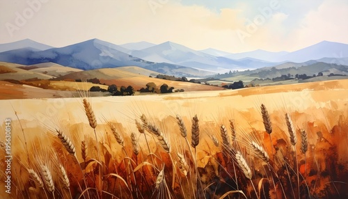 Golden Wheat Field Under Rolling Hills and Distant Mountains.