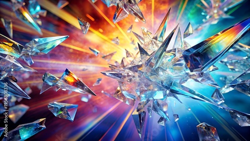 Abstract crystal explosion background, colorful glass shards, dynamic energy