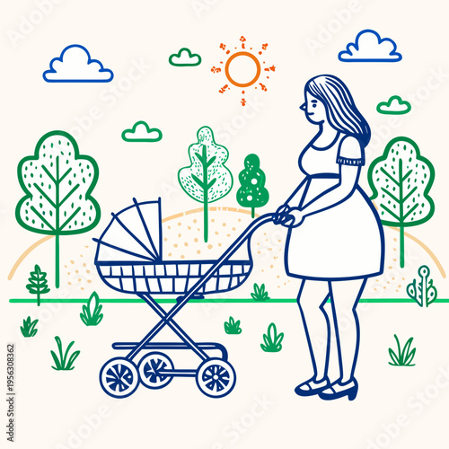 Young mother walking with baby stroller in park, happy motherhood parenting concept, woman with newborn pram outdoor flat line illustration