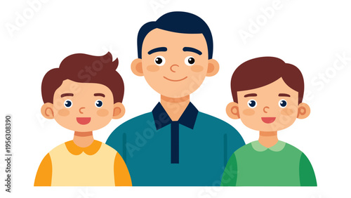 Happy family portrait: father with two smiling children, cute flat vector illustration, child rearing concept, family values