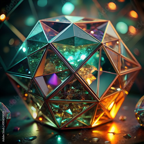 Futuristic glowing geometric crystal polyhedron, abstract luxury glass shape with colorful reflections, 3D render, modern technology background