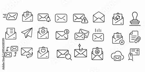 Modern Email Communication Icon Set with Outline Style on White Background