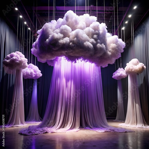 Surreal Glowing Cloud Installation with Purple Light, Dreamlike Background