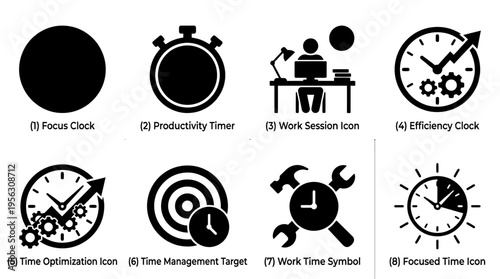 "Time Management & Productivity Icons Vector – Focus, Work Sessions & Efficiency Symbols"