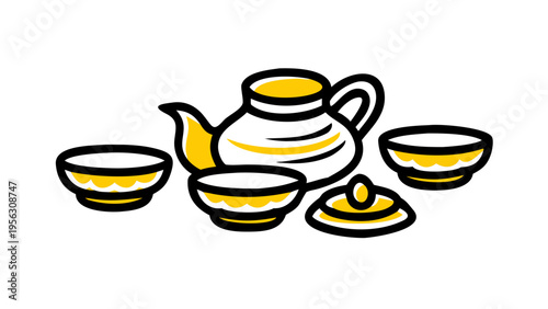 Yellow Hand Drawn Teapot and Tea Cups Set Doodle Illustration