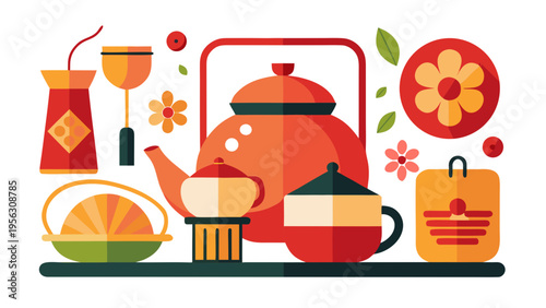 Bright vector illustration of tea ceremony with fruits and drinks