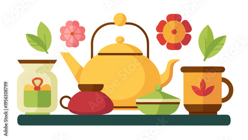 Bright vector illustration of tea ceremony with fruits and drinks