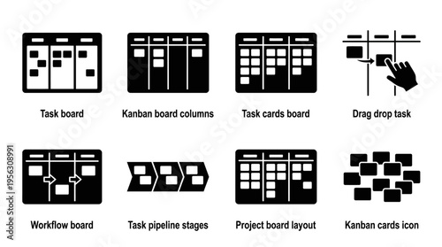 "Project Management Icons Vector – Workflow Boards, Timelines & Kanban Symbols"