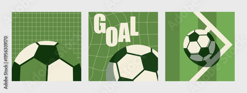 Soccer Goal Poster Set Vector with Football Ball Net and Corner Flag on Green Background for World Cup Championship Tournament Design