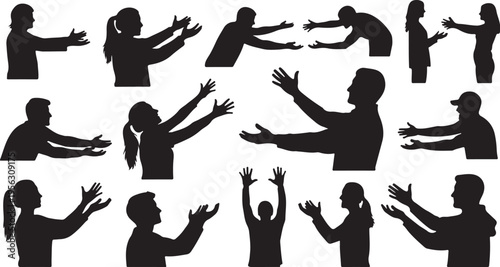Silhouettes of people with various hand gestures and movements