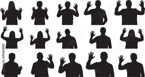 Silhouettes of people waving in various poses and directions