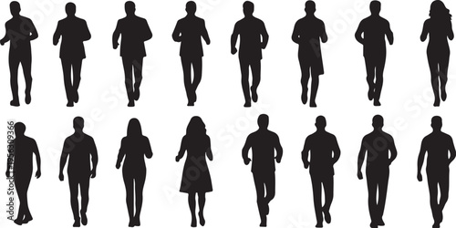 Silhouettes of people walking in various poses and outfits