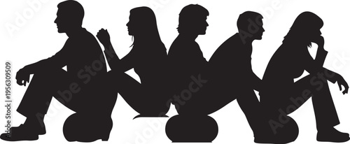 Silhouettes of people sitting in a row on floor