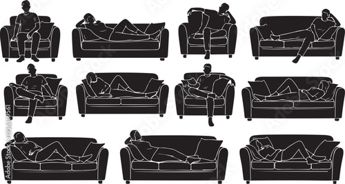 People Relaxing on Sofas in Various Comfortable Positions Silhouette