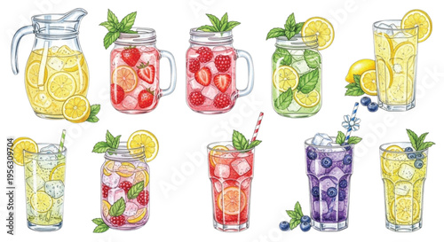 Watercolor Fresh Lemonade and Fruit Infused Drinks Set Mason Jar Citrus Berry Summer Beverage Illustrations Isolated