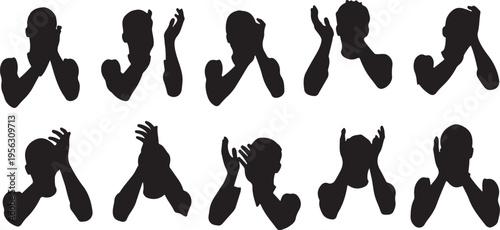 Silhouette of people in various yoga poses and stretches
