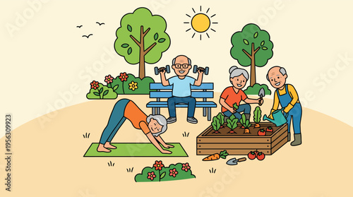 People exercising and gardening outdoors promoting healthy lifestyle habits