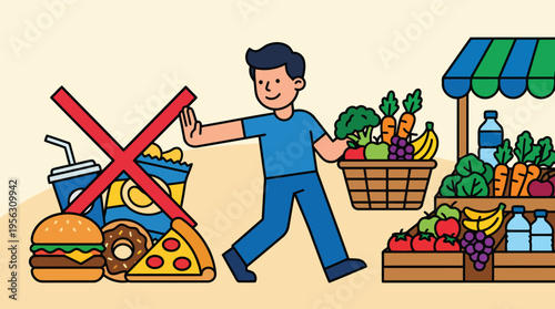 Man choosing fresh vegetables over junk food at grocery store