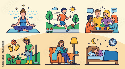 Daily routine icons showing sleep exercise social and healthy habits