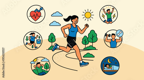 Collection of fitness icons illustrating healthy lifestyle activities