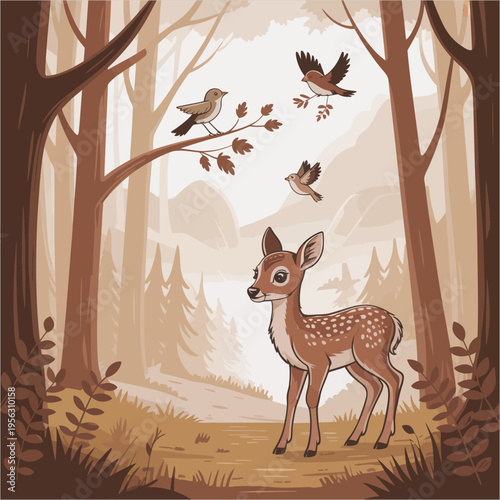 Cute fawn and birds in a serene forest scene deer baby deer