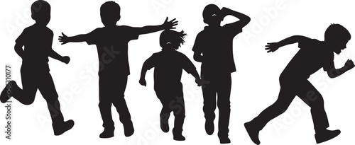 Silhouettes of happy children running and playing together outside