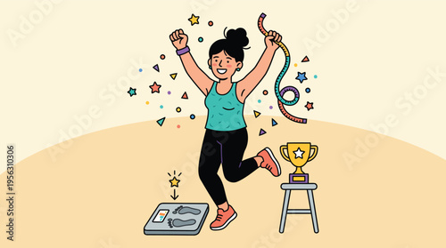 Woman celebrating weight loss success with scale and trophy