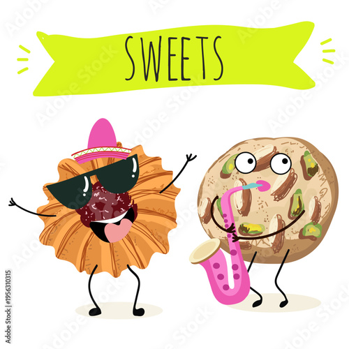 Funny Characters Kurabiye, Kurabie, Ghorayeba, Qurabiya, dessert, hand drawn vector illustration.