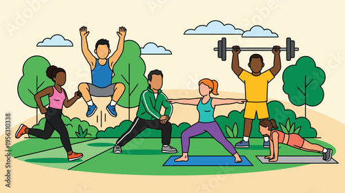 Group of people exercising together outdoors promoting fitness community