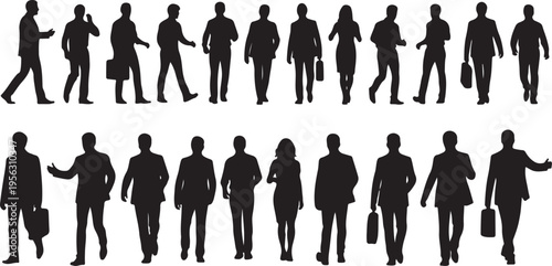 Silhouettes of people walking in various business attire poses