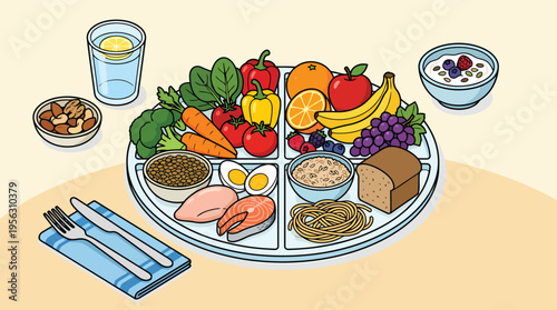 Plate with balanced nutrition including vegetables fruits protein and grains
