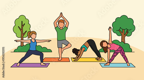 People practicing yoga outdoors promoting relaxation and healthy lifestyle