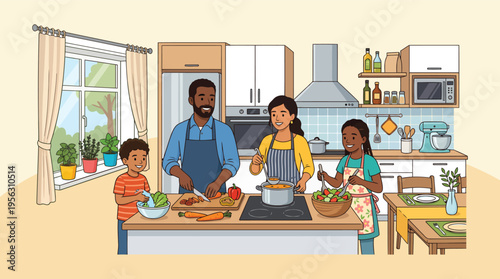 Family preparing healthy meal together in modern kitchen